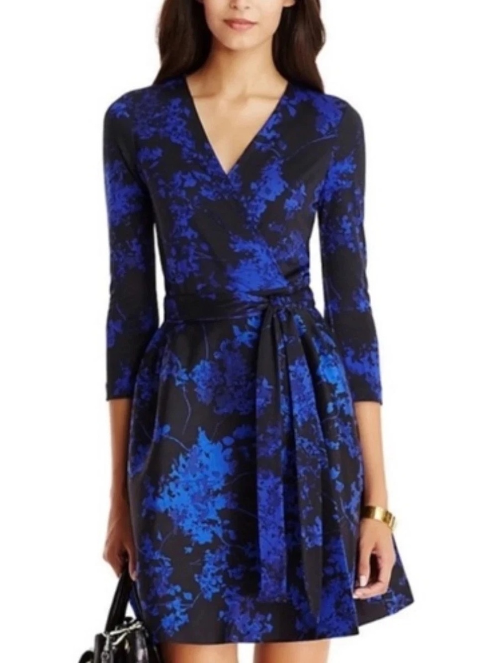 Diane Von Furstenberg Black & Blue Floral Wrap Midi Dress